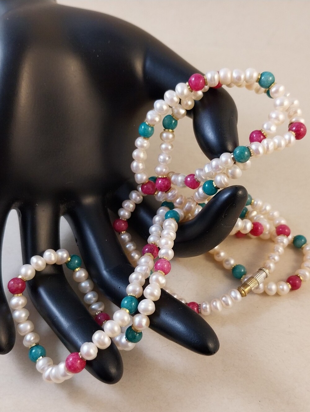 Vintage Pink & Teal Bead Freshwater Pearl Necklace